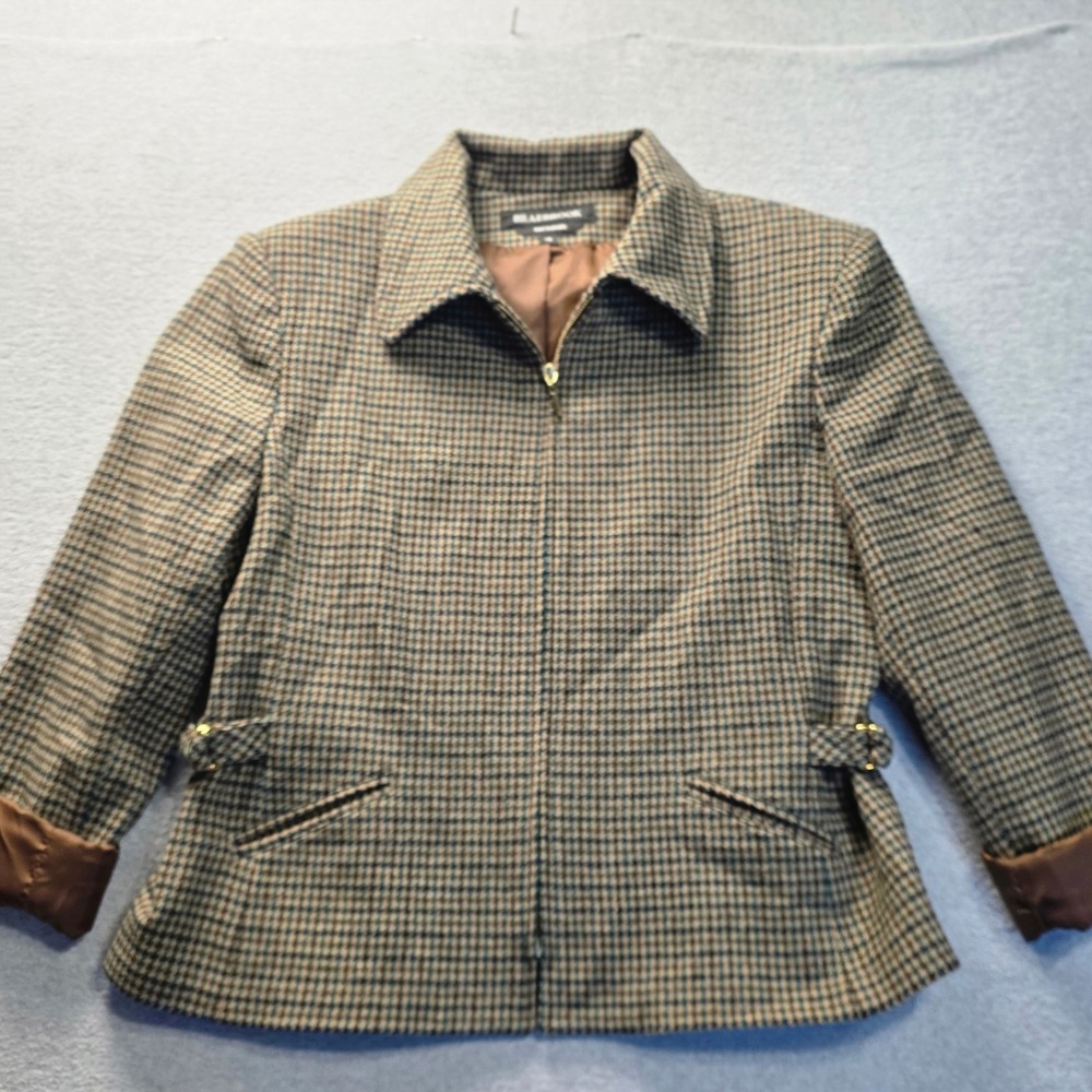Braebrook Tweed Jacket Womens Size 14 Brown Tan Plaid Wool Zip Career Fit